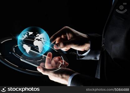 business, mass media, people and future technology concept - close up of businessman hands with transparent smartphone and virtual earth hologram over black background. businessman hands with smartphone and earth. businessman hands with smartphone and earth