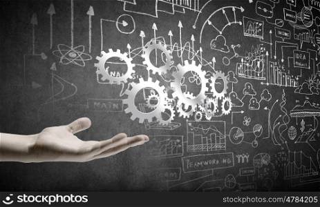 Business mechanism. Close up of business person hand holding gears