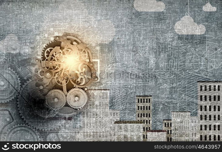 Business mechanism. Cogwheels and gears mechanism on digital business background