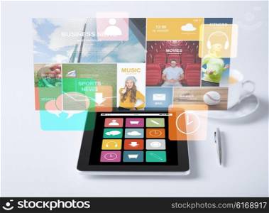 business, media and technology concept - tablet pc computer with application icons and cup of coffee