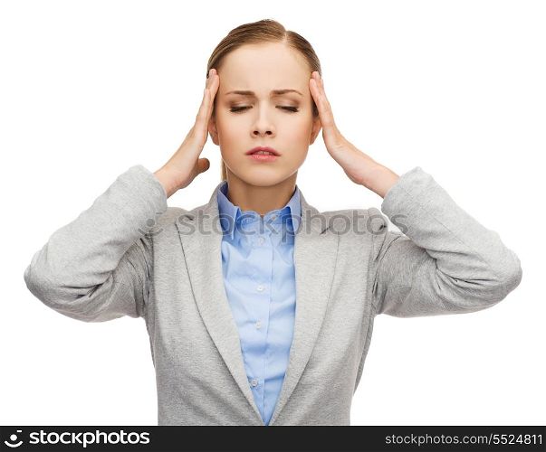 business, medicine and office concep - stressed businesswoman having headache with closed eyes
