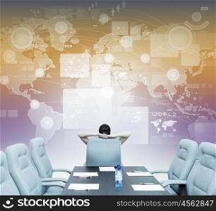 Business meeting. Businesswoman boss in conference room sitting with back in chair