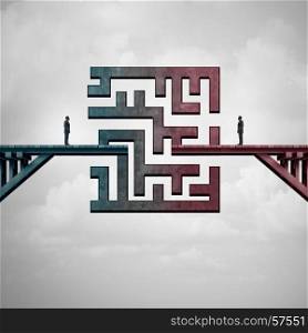 Business meeting challenge and communication solution concept as a bridge with a maze dividing two business people as a metaphor for team strategy with 3D illustration elements.