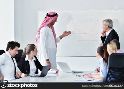 Business meeting - Handsome young Arabic man presenting his ideas to colleagues and listening for ideas for success investments at bright modern office room