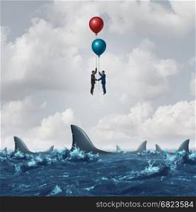 Business meeting risk as two businessmen overcome the dangerous sharks in the water by using balloons to rise above the obstacle as a corporate metaphor for finding partnership solutions with 3D illustration elements.