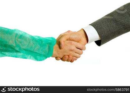 Business men and doctor hand shake in white background