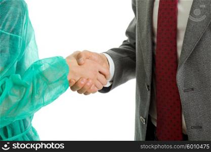 Business men and doctor handshake in white background