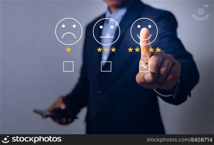 business men pointing fingers to rate satisfaction