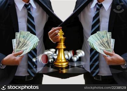 business men showing dollars bank note in hand with golden king chess on board ,business earning strategy concept