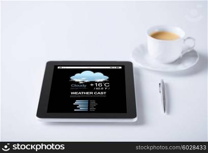 business, meteorology and technology concept - tablet pc computer weather forecast and cup of coffee