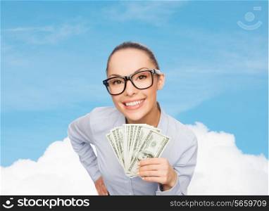 business, money and banking concept - smiling businesswoman in eyeglasses with dollar cash money over blue sky with white cloud background