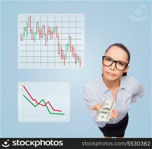 business, money and banking concept - smiling businesswoman in eyeglasses with dollar cash money