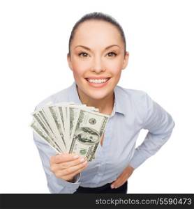 business, money and banking concept - smiling businesswoman with dollar cash money
