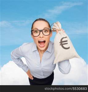 business, money and office concept - amazed businesswoman in eyeglasses holding money bag with euro