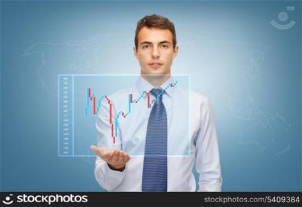 business, money and office concept - friendly young buisnessman showing forex chart on the palm of his hand