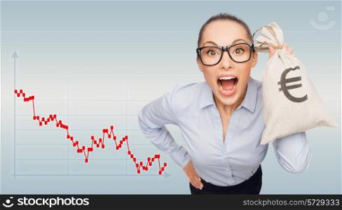 business, money and people concept - shocked businesswoman in eyeglasses holding money bag with euro over gray background and forex graph