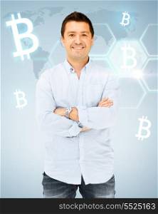 business, money and virtual banking concept - handsome smiling man in casual shirt