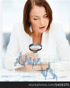 business, money, documents and office concept - businesswoman working with graphs and forex chart in office