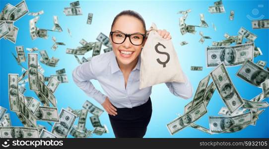 business, money, finance, people and banking concept - smiling businesswoman with bag of dollar cash money over blue background