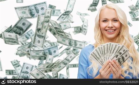 business, money, finance, people and banking concept - smiling businesswoman with dollar cash money