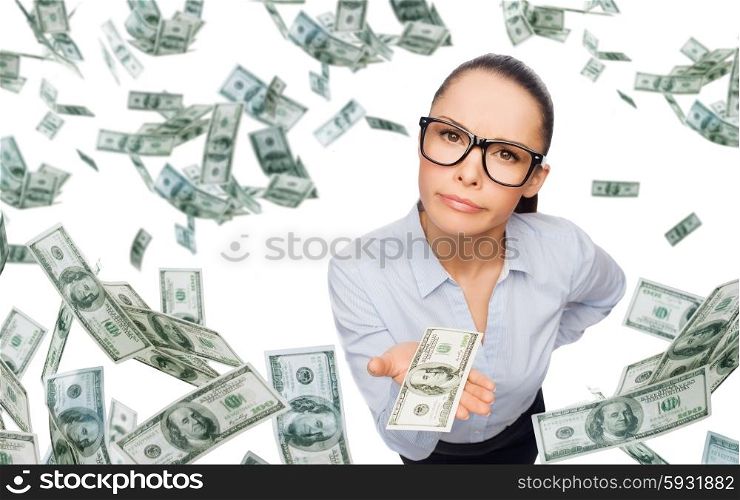 business, money, financial crisis and banking concept - displeased businesswoman in eyeglasses with dollar cash money over blue background