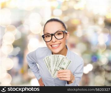 business, money, holidays, and banking concept - smiling businesswoman in eyeglasses with dollar cash money