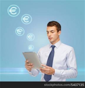 business, money, modern technology and office concept - buisnessman with tablet pc and euro icons