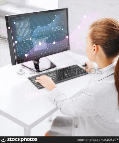 business, money, office and future technology concept - businesswoman on computer in office