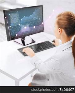 business, money, office and future technology concept - businesswoman on computer in office