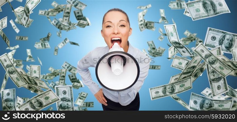 business, money, people and financial news concept - screaming businesswoman with megaphone and money rain over blue background