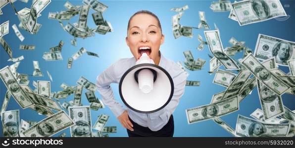 business, money, people and financial news concept - screaming businesswoman with megaphone and money rain over blue background