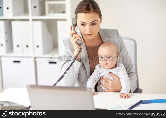 business, motherhood, multi-tasking, family and people concept - businesswoman with baby calling on phone at office