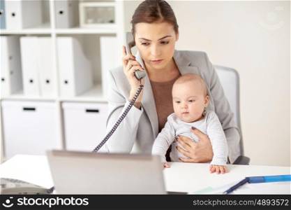 business, motherhood, multi-tasking, family and people concept - businesswoman with baby calling on phone at office