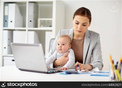 business, motherhood, multi-tasking, family and people concept - happy businesswoman with baby counting on calculator at office