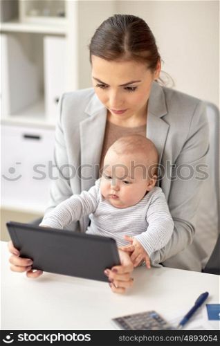 business, motherhood, multi-tasking, family and people concept - happy businesswoman with baby and tablet pc computer working at office