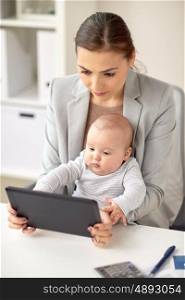 business, motherhood, multi-tasking, family and people concept - happy businesswoman with baby and tablet pc computer working at office