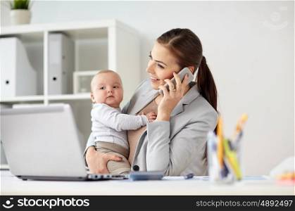business, motherhood, multi-tasking, family and people concept - happy smiling businesswoman with baby calling on smartphone at office