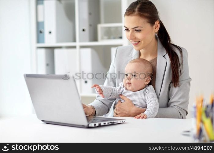 business, motherhood, multi-tasking, family and people concept - happy smiling businesswoman with baby and laptop computer working at office