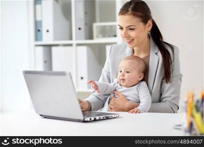 business, motherhood, multi-tasking, family and people concept - happy smiling businesswoman with baby and laptop computer working at office