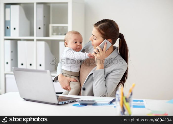 business, motherhood, multi-tasking, family and people concept - smiling businesswoman with baby calling on smartphone at office