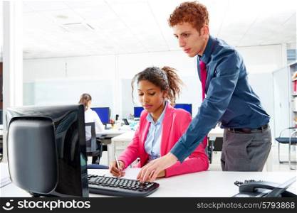 Business multi ethnic team working at offce desk with computer teamwork