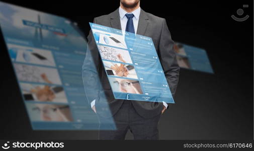 business, multimedia and people concept - close up of businessman in suit with world news on virtual screen projection