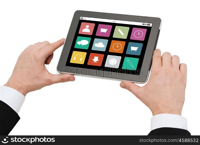 business, multimedia ,internet and technology concept - close up of man hands holding tablet pc computer with menu icons on screen