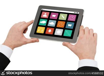 business, multimedia ,internet and technology concept - close up of man hands holding tablet pc computer with menu icons on screen