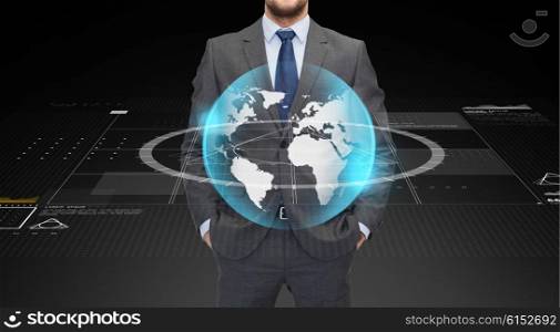 business, multimedia, worldwide communication and people concept - close up of businessman in suit with virtual earth globe projection
