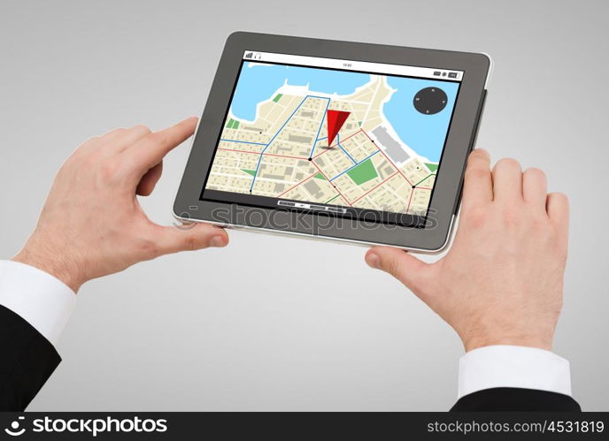 business, navigation, internet and technology concept - close up of man hands holding tablet pc computer with gps navigator map on screen