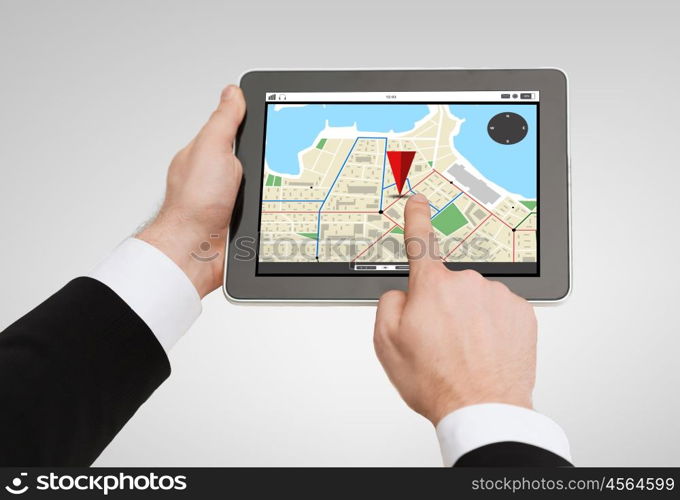 business, navigation, internet and technology concept - close up of man hands holding tablet pc computer with gps navigator map on screen