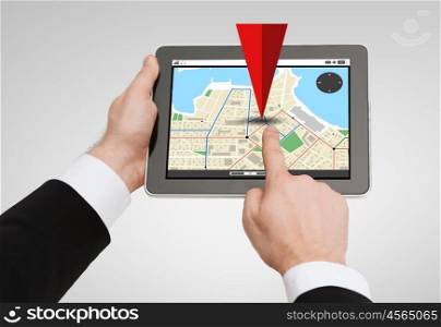 business, navigation, internet and technology concept - close up of man hands holding tablet pc computer with gps navigator map on screen