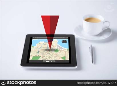 business, navigation, location and technology concept - tablet pc computer with gps navigator map and cup of coffee