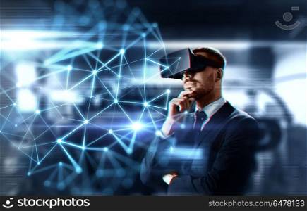 business, network and future technology concept - businessman in virtual reality headset with low poly shape projection over abstract background. businessman with virtual headset and network. businessman with virtual headset and network